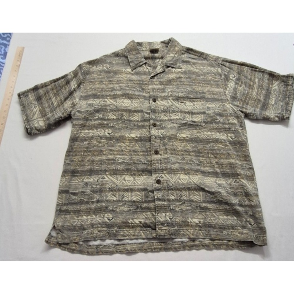 Magellan Sportswear men's tan geometric print button up shirt XL 100% Cotton‎ SS
